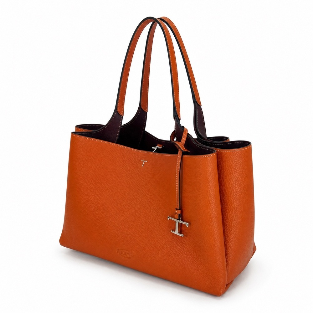 Tod's Medium Leather Tote Bag Orange Burgundy